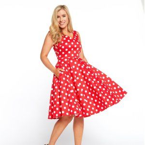 Eva Rose Red and White Polka Dot Fit and Flare V-Neck Dress With Pockets